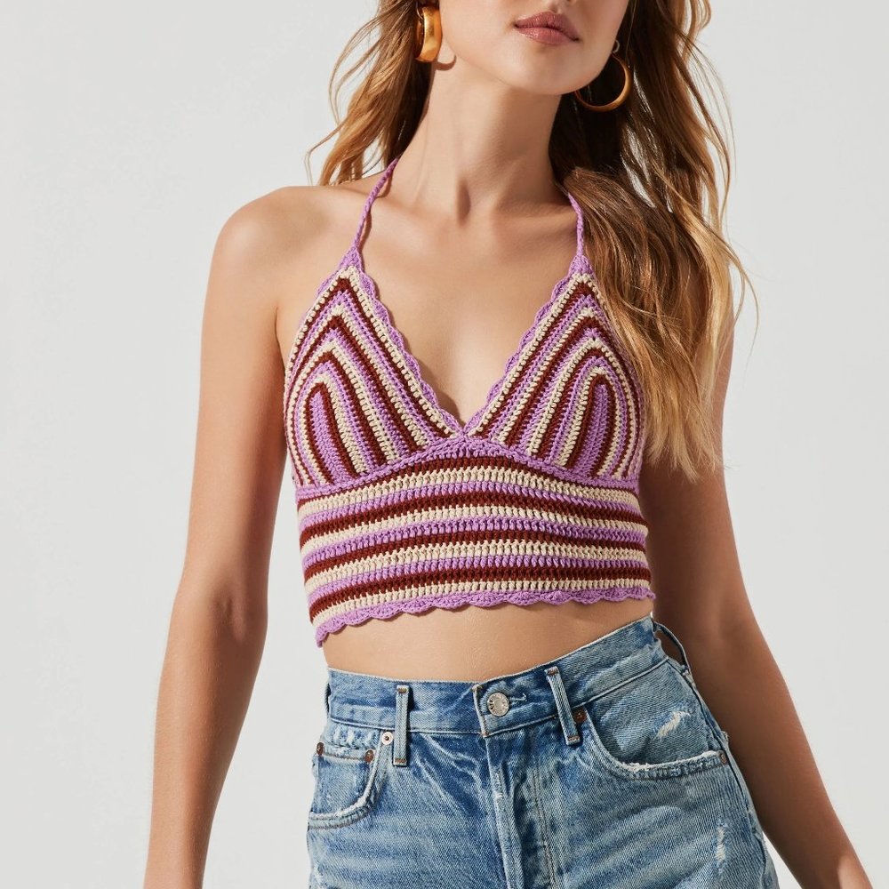 ASTR the Label Cabana Crochet Halter Crop Top in Purple & Brown Stripe - Size L